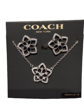 COACH Silver-Tone Pave Floral Necklace and Stud Earrings Set